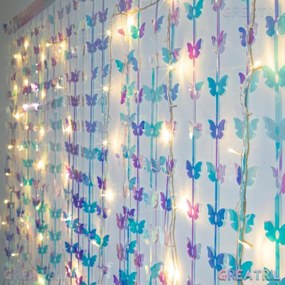 GREATRIL Iridescent Butterfly Fringe Backdrop - Fairy Streamers for Princess Birthday Decor - 3.2ft x 6.5ft | 2 Packs