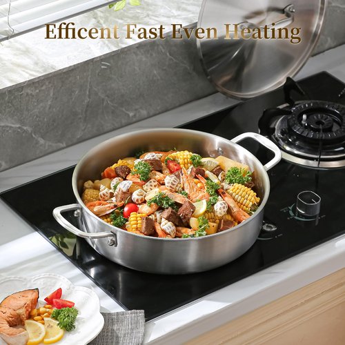 DELARLO Tri-Ply Stainless Steel 5 Quart Braiser Pan with Lid Induction Rondeau Pot With Lid 12inch Deep Frying Pan Large Saute Pan Heavy Duty Style Compatible With All Cooktops Up to 650℉