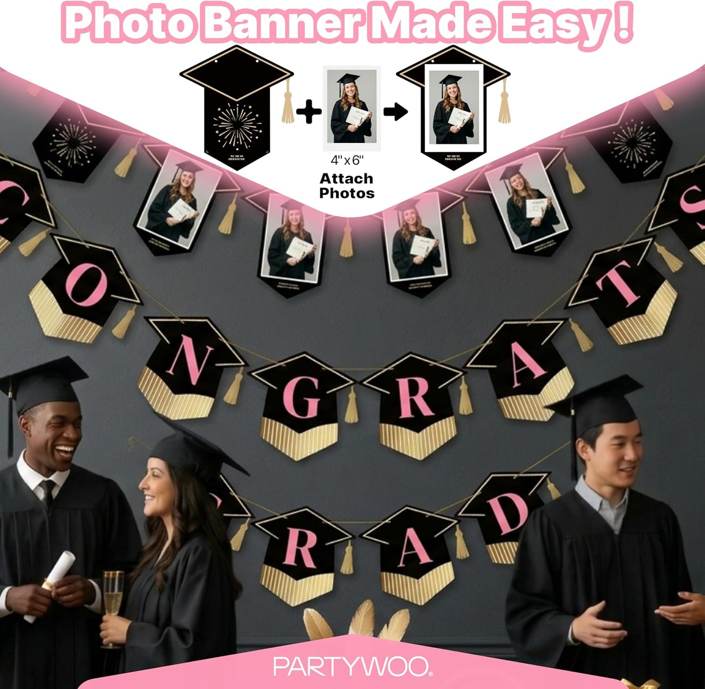 PartyWoo Graduation Banner - Class of 2026 Black Pink Gold Decorations | 2-Piece Set for Middle & High School Celebrations