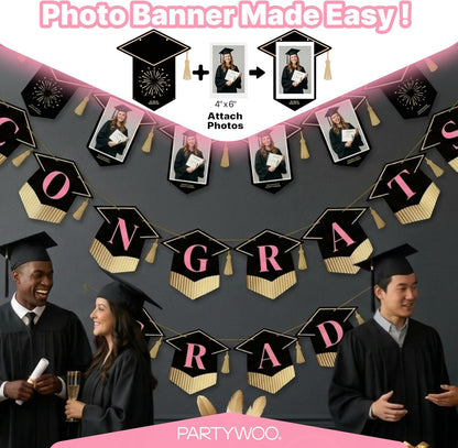 PartyWoo Graduation Banner - Class of 2026 Black Pink Gold Decorations | 2-Piece Set for Middle & High School Celebrations