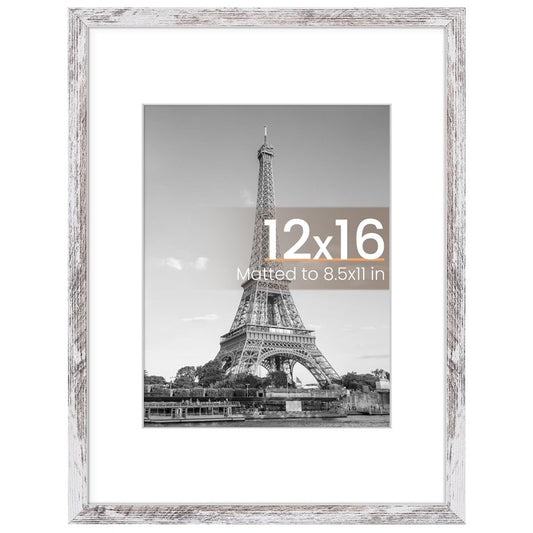 upsimples 12x16 Picture Frame, Display Pictures 8.5x11 with Mat or 12 x 16 Without, Wall Hanging Poster Frames, Rustic White, 1 Pack