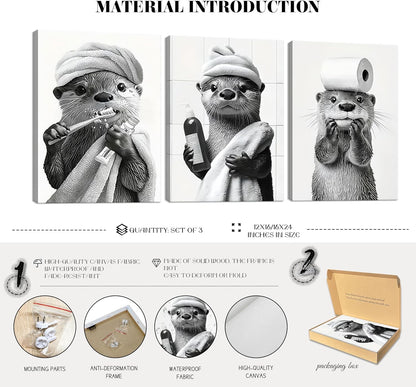 Skiennix Cute Bathroom Otter Canvas Wall Art - Set of 3 Black and White Prints | Funny Farmhouse Decor 12x16 Inch