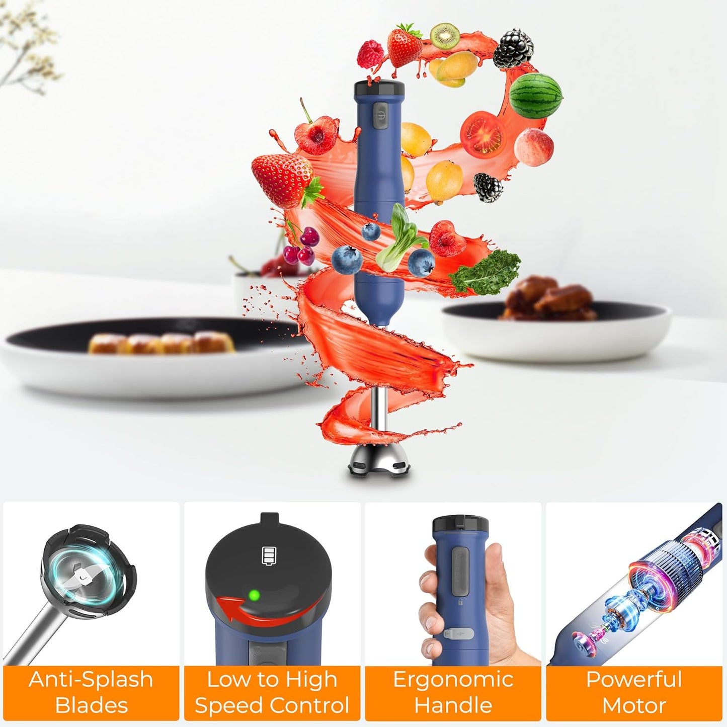 Rosewill 6-in-1 Cordless Immersion Hand Blender - Multi-Speed Heavy Duty Motor | Includes Beaker, Whisk, Chopper, Milk Frother - Perfect for Smoothies, Baby Food, Soup - Blue