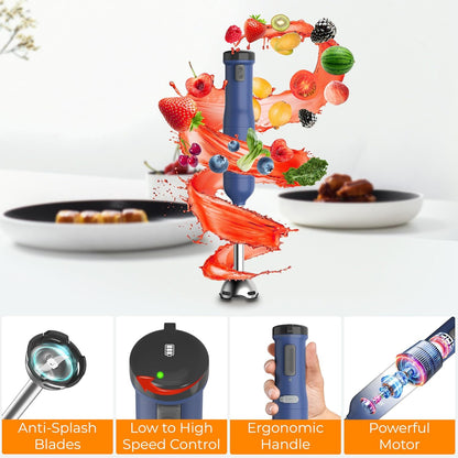 Rosewill 6-in-1 Cordless Immersion Hand Blender - Multi-Speed Heavy Duty Motor | Includes Beaker, Whisk, Chopper, Milk Frother - Perfect for Smoothies, Baby Food, Soup - Blue