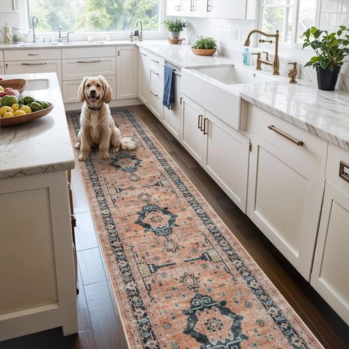 Hallway Washable Runner Rug - Vintage Non-Slip Soft Floor Mat for Entryway | 2'6''x12', Orange