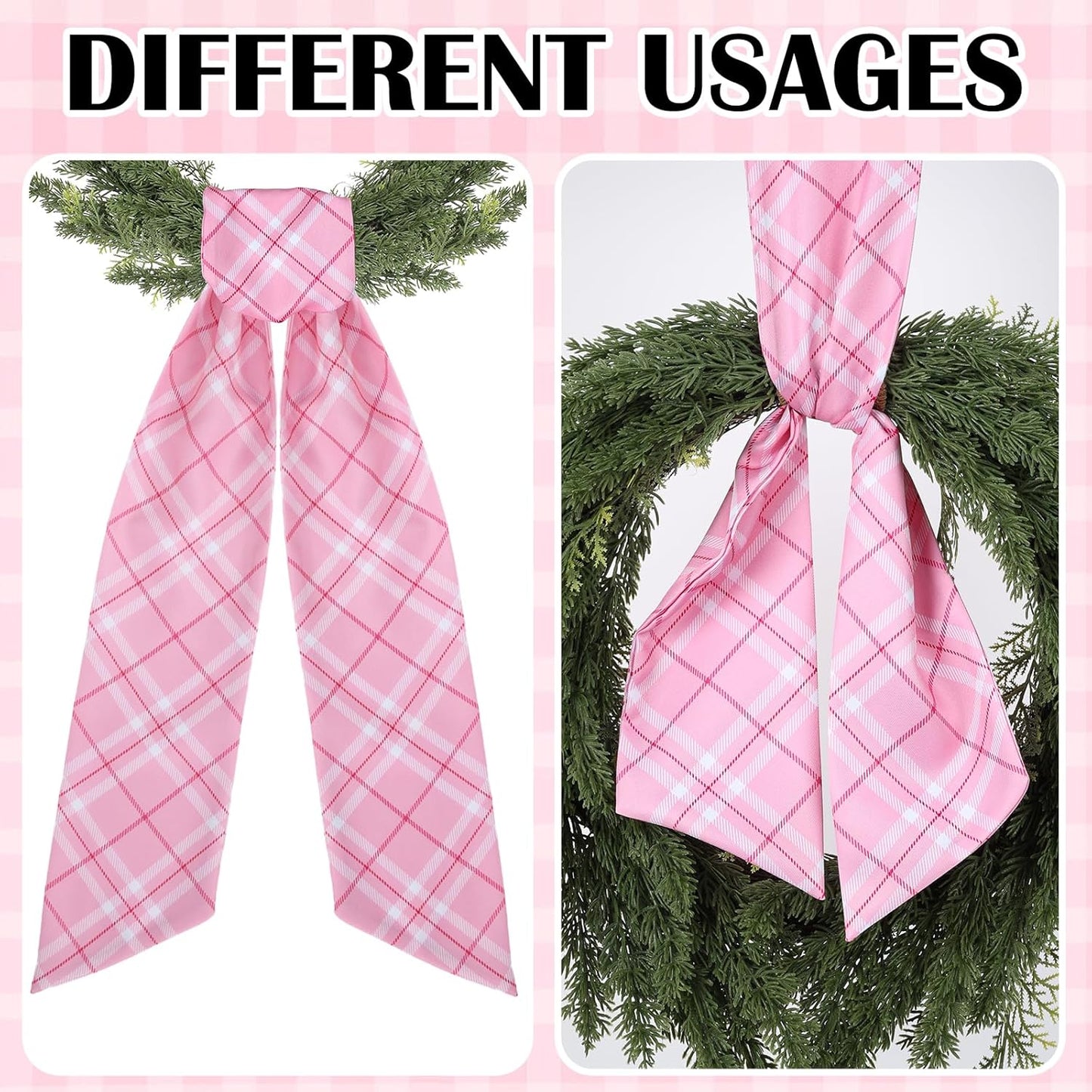 Pink Plaid Wreath Sash - 2 Pcs 60 Inch Buffalo Plaid Sashes for Valentine's Day Home Decor | Wedding & Baby Shower