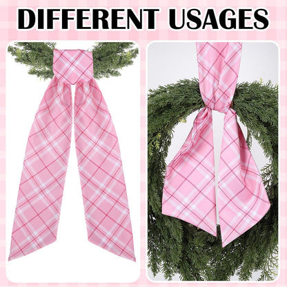 Pink Plaid Wreath Sash - 2 Pcs 60 Inch Buffalo Plaid Sashes for Valentine's Day Home Decor | Wedding & Baby Shower
