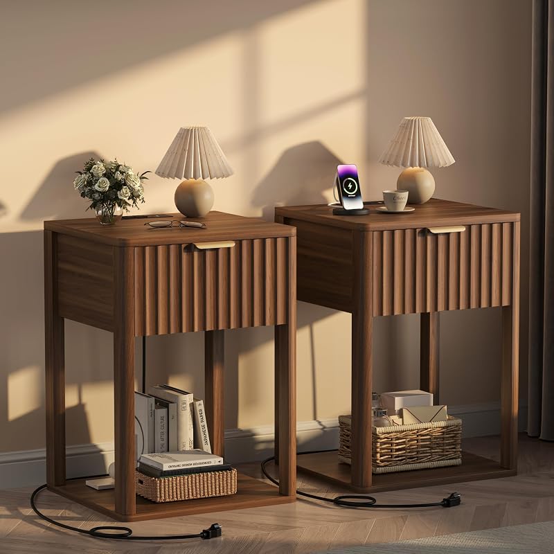Nightstand Set 2 with Charging Station - Walnut Fluted Bedside Tables