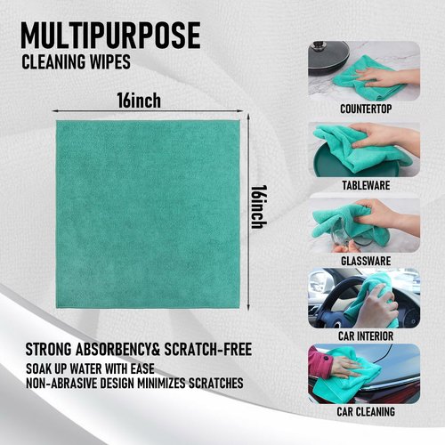 Tricol Clean Microfiber Cleaning Cloth, 16in*16in, 12 Pack Ultra-Thick Cleaning Rags, Super Absorbent, Lint Free & Streak Free Cleaning Towels for Car, House, Kitchen, Office