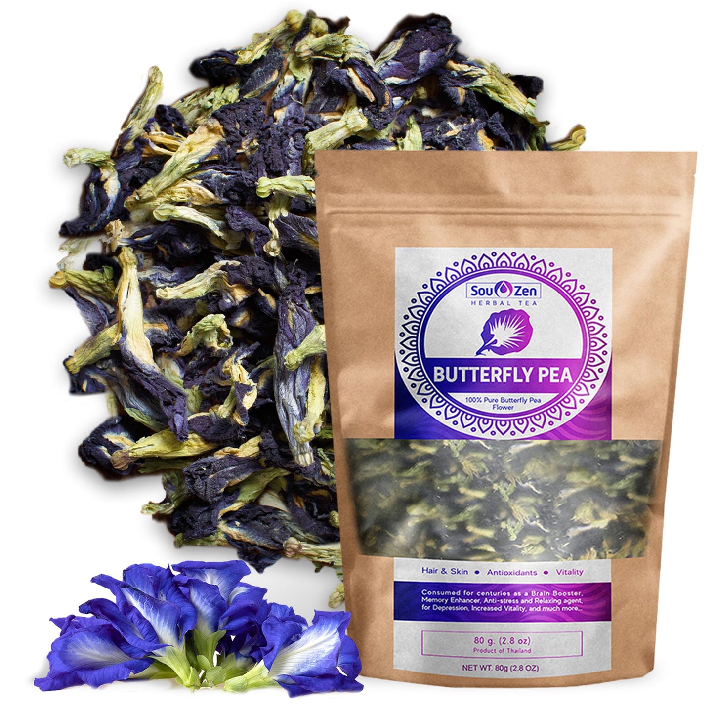 Sou Zen Butterfly Pea Flowers (80 g) Dried Tea Leaves | Natural, Raw Drink Mix w/Antioxidants, Organic Nootropics | Promotes Relaxing Calm, Stress Relief | Thai Herbal