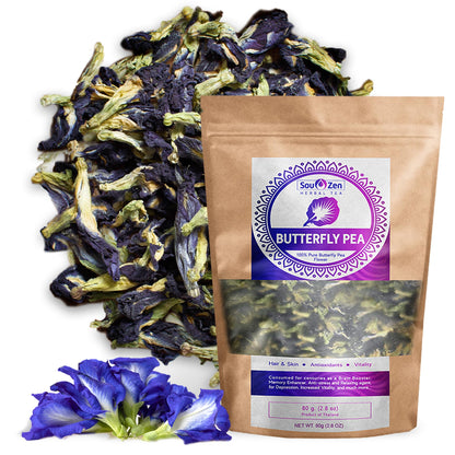 Sou Zen Butterfly Pea Flowers (80 g) Dried Tea Leaves | Natural, Raw Drink Mix w/Antioxidants, Organic Nootropics | Promotes Relaxing Calm, Stress Relief | Thai Herbal