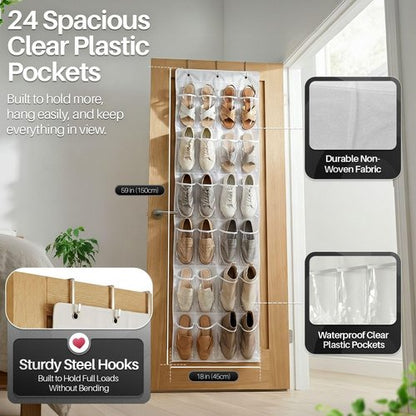 Flexzion Over The Door Shoe Organizer - Space-Saving Hanging Rack with 24 Clear Pockets & 3 Hooks | White
