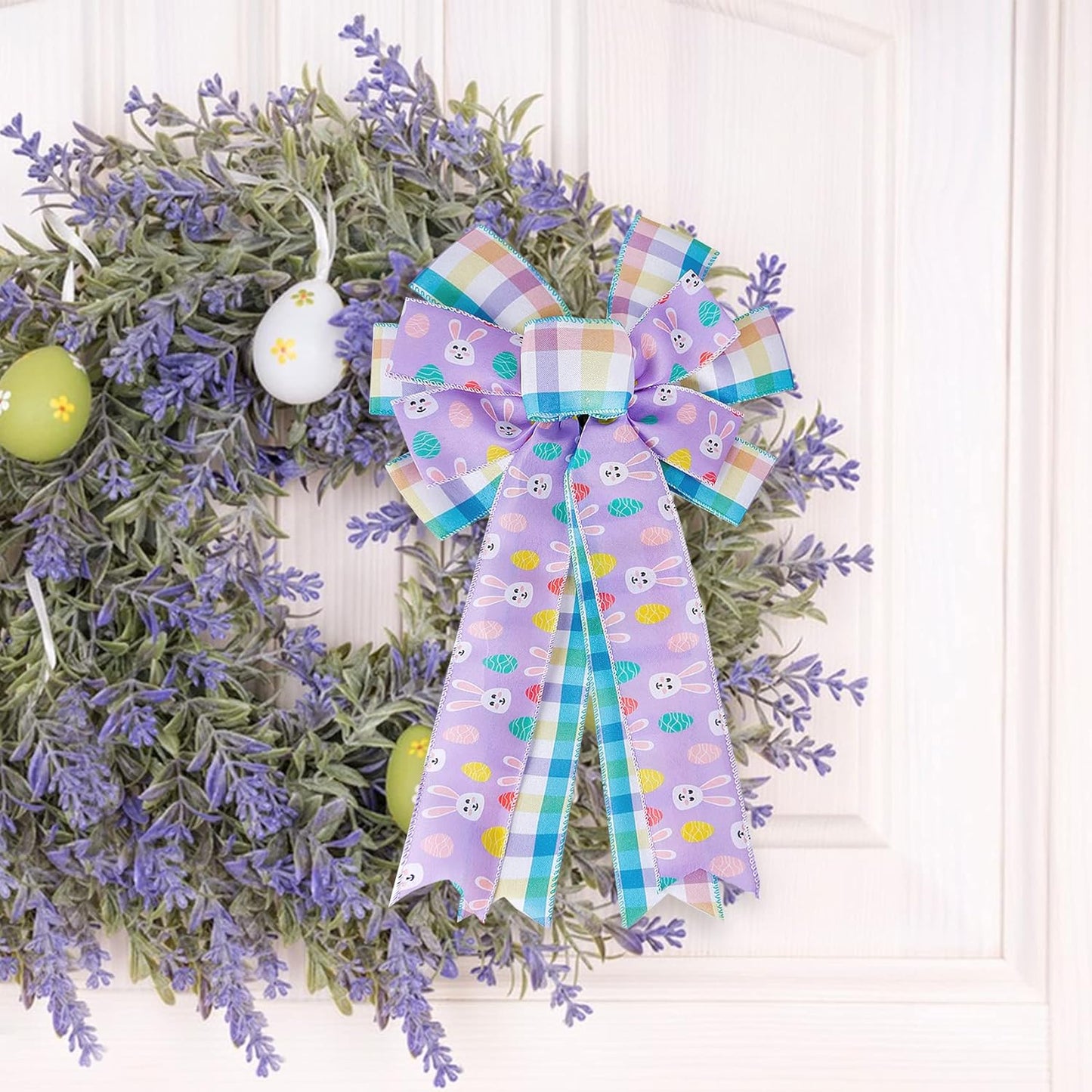 SIMISI Ribbon Easter Wreath Bow - Large Burlap Wired Bow with Bunny Eggs | 11x17.7 Inch Door Ornament
