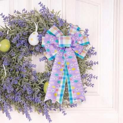 SIMISI Ribbon Easter Wreath Bow - Large Burlap Wired Bow with Bunny Eggs | 11x17.7 Inch Door Ornament