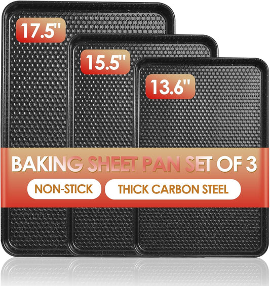 Skiennix Baking Sheet Pan Set - Nonstick Carbon Steel Cookie Sheets | Heavy Duty, Easy Clean, 3-Piece Set