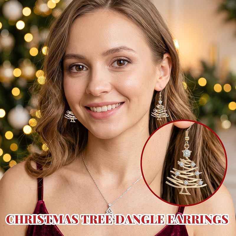 Christmas Tree Dangle Earrings for Women - Rhinestone Holiday Jewelry