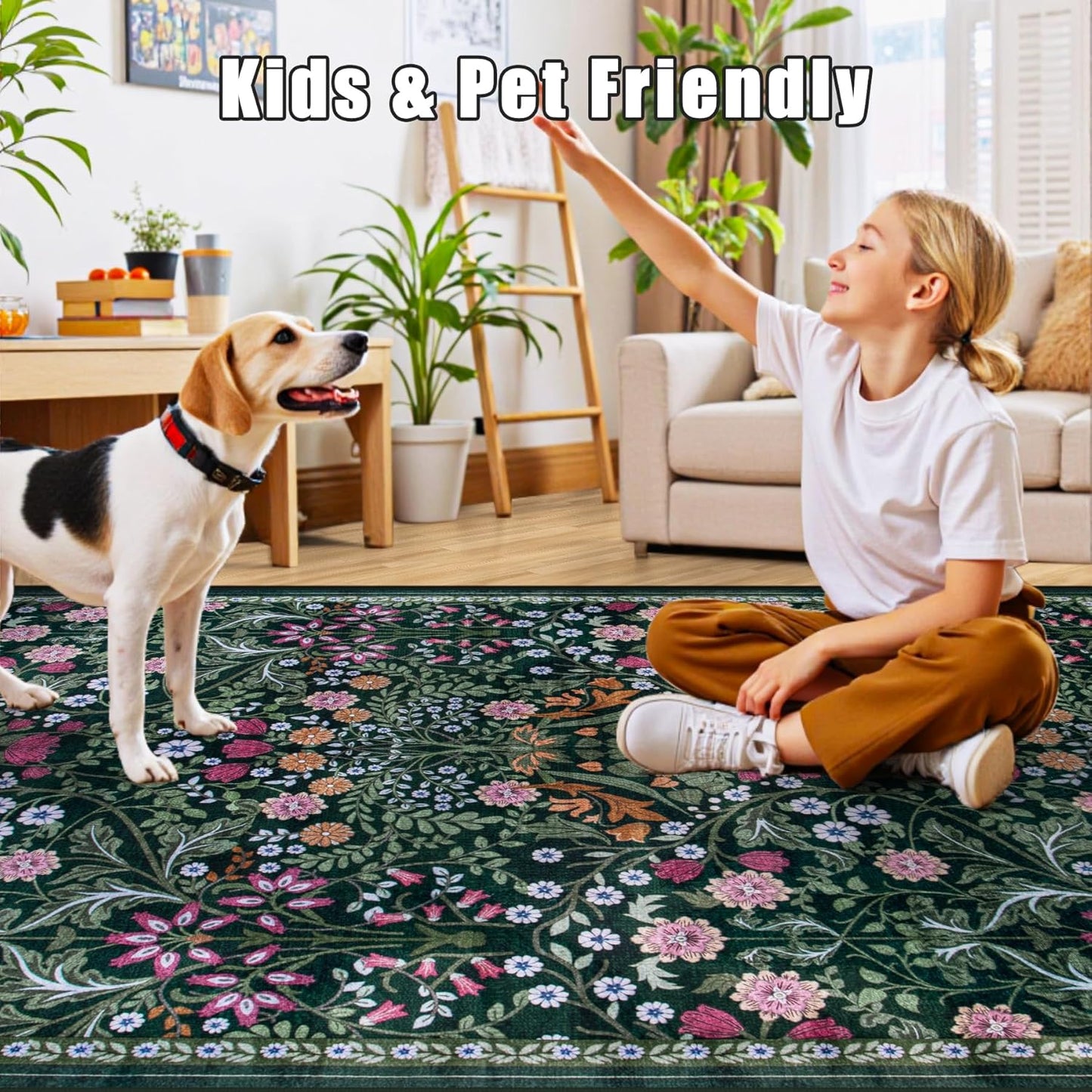 Skiennix 6x9 Area Rug - Vintage Floral Design | Washable, Soft, Non-Slip, Stain Resistant - Dark Green