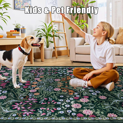 Skiennix 6x9 Area Rug - Vintage Floral Design | Washable, Soft, Non-Slip, Stain Resistant - Dark Green