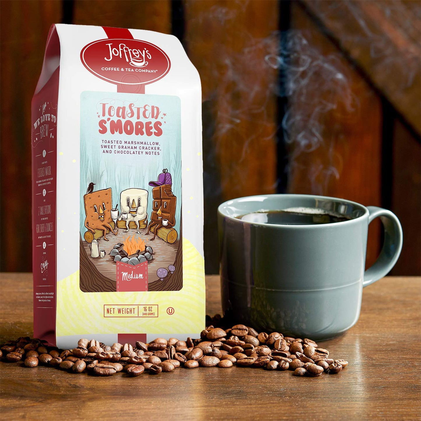 Joffrey's Coffee - Toasted S'Mores, Flavored Coffee, Artisan Medium Roast, Arabica Coffee Beans, Marshmallow, Graham Cracker, & Chocolate Flavor, Gluten-Free, No Sugar (Ground, 16 oz)