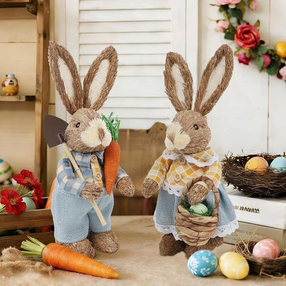 DR.DUDU Easter Decorations - Set of 2 Rustic 13" Bunny Figurines with Carrot | Spring Tabletop Decor