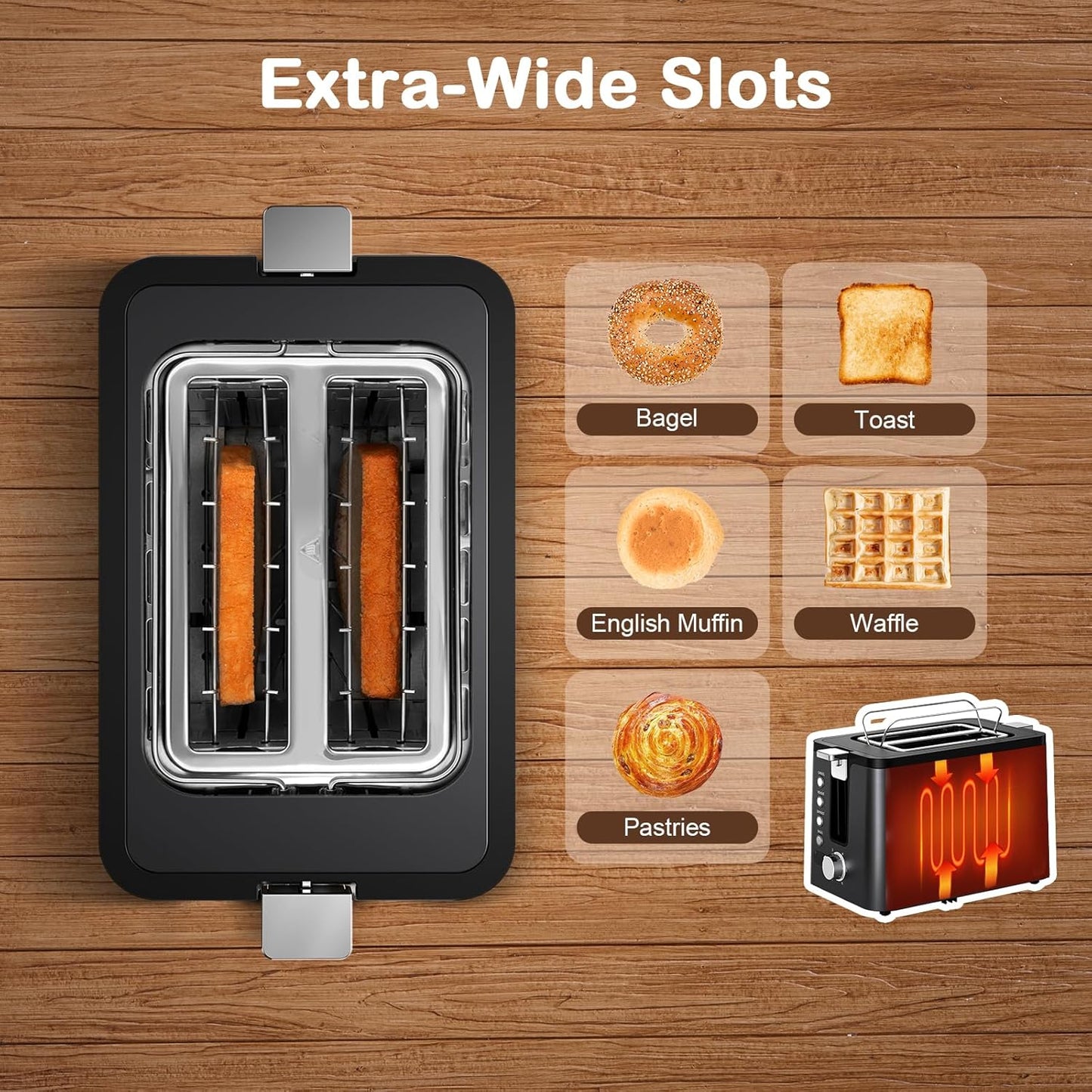 Mecity 2-Slice Stainless Steel Toaster - Extra Wide Slots, 6 Browning Settings, Timer & Warming Rack | Black