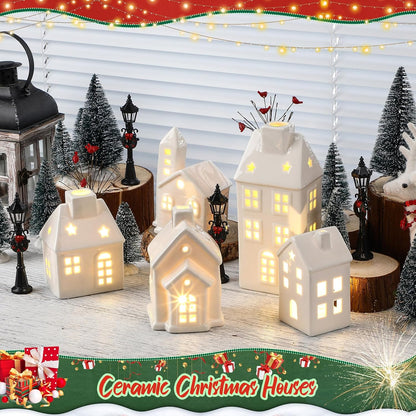 WinnerWhy 24-Piece LED Lighted Christmas Village Set - Mini Ceramic Houses & Streetlights for Festive Decor
