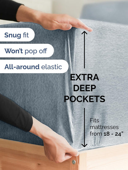 Skiennix Extra Deep Twin XL Sheet Set - 4-Piece Breathable Cooling Bedding - Soft & Wrinkle-Free - Heathered Blue
