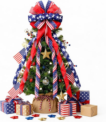 Skiennix Large 4th of July Tree Topper Bow - Pre-Tied Patriotic Ribbon for Wreaths | 52x13 Inch Red, Blue, White