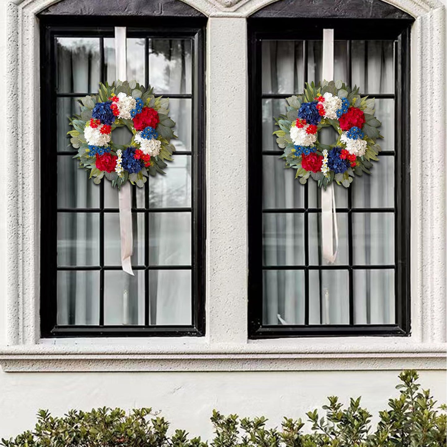 WANNA-CUL 24-Inch Patriotic Hydrangea Wreath - Red, White & Blue 4th of July Door Decor
