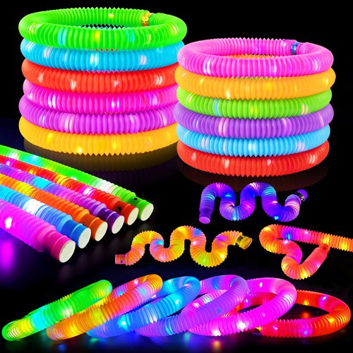 Easter Basket Stuffers for Toddlers-6 PCS Light Up Pop Tube Toys Gifts for Kids,LED Glow Stick Bracelet Necklace Party Accessories,Fun Outdoor Camping Essentials Games Activities for Boys Girls