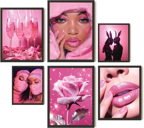 EXCOOL CLUB Pink Room Decor - Aesthetic 12x16 Hot Pink Wall Art Prints for Trendy Teen Girls' Dorm (Unframed)