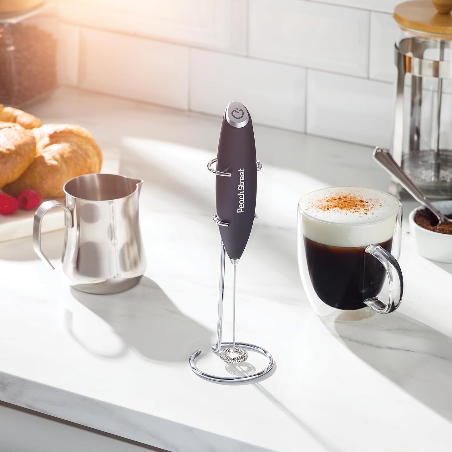 Powerful Handheld Milk Frother, Mini Milk Frother Wand, Battery Operated Stainless Steel Drink Mixer - Frother Stand for Milk Coffee, Lattes, Cappuccino, Frappe, Matcha, Hot Chocolate. Gift