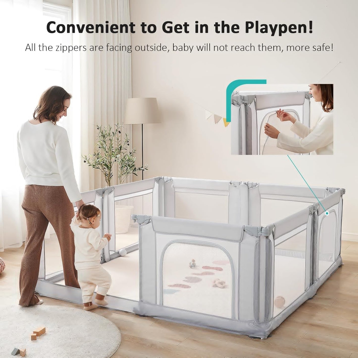 Doradotey Baby Playpen - Adjustable Large Playard for Infants & Toddlers | Foldable Indoor Mesh Fence, Light Grey 180x200x68cm