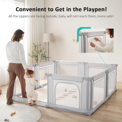 Doradotey Baby Playpen - Adjustable Large Playard for Infants & Toddlers | Foldable Indoor Mesh Fence, Light Grey 180x200x68cm