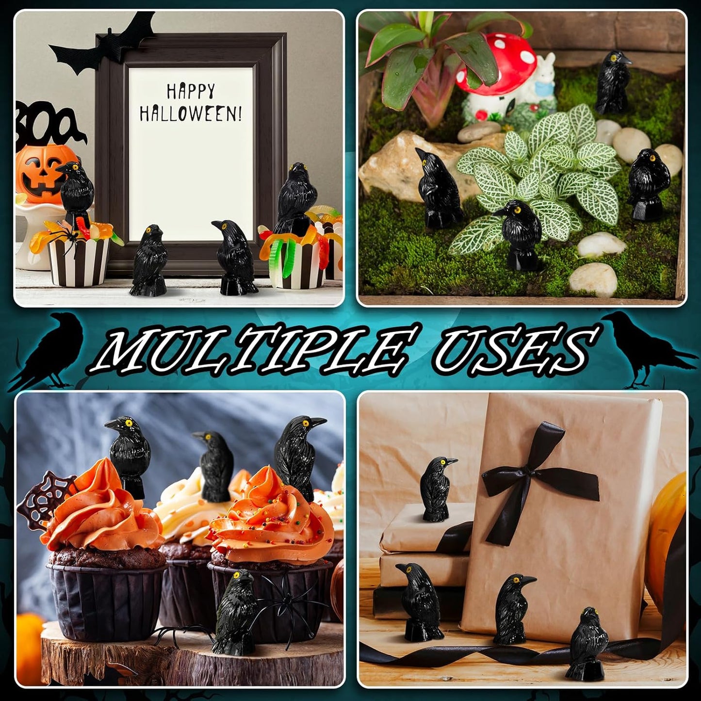 Skiennix Miniature Crows Decor - 50 Pcs Black Resin Raven Figurines for Holiday & Party Decor