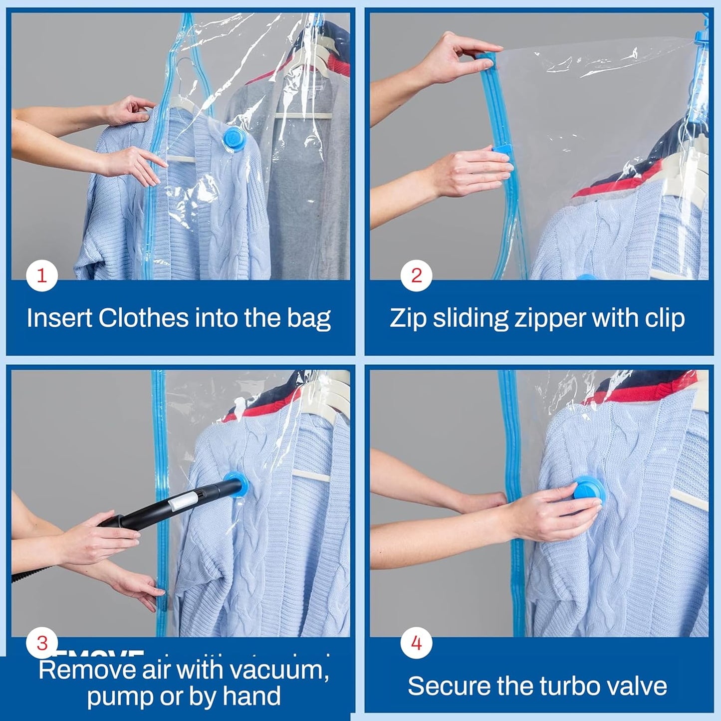 Skiennix Vacuum Storage Bags - 4 Pack Compression Bags with Hand Pump for Clothes & Jackets | Space Saver for Travel & Organization (2 Small & 2 Large)