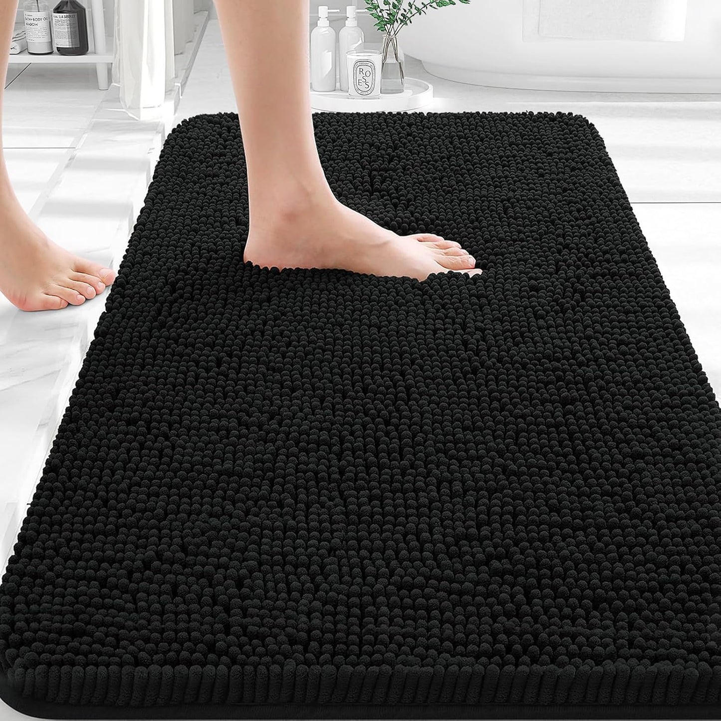 OLANLY Bathroom Rugs - Extra Soft Chenille Bath Mats | 30x18, Quick Dry, Machine Washable, Black