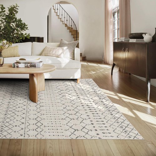 Deerly 5x7 Area Rugs for Living Room, Washable Rugs Moroccan Boho Farmhouse Rug with Non-Slip Backing, Soft Low Pile Indoor Floor Carpet Neutral Rug for Bedroom Dining Room, Off White/Grey