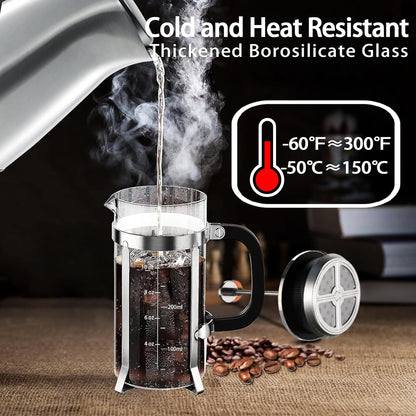 Skiennix French Press Coffee Maker - 304 Stainless Steel with 4 Filters | Heat-Resistant Borosilicate Glass, Copper 12oz
