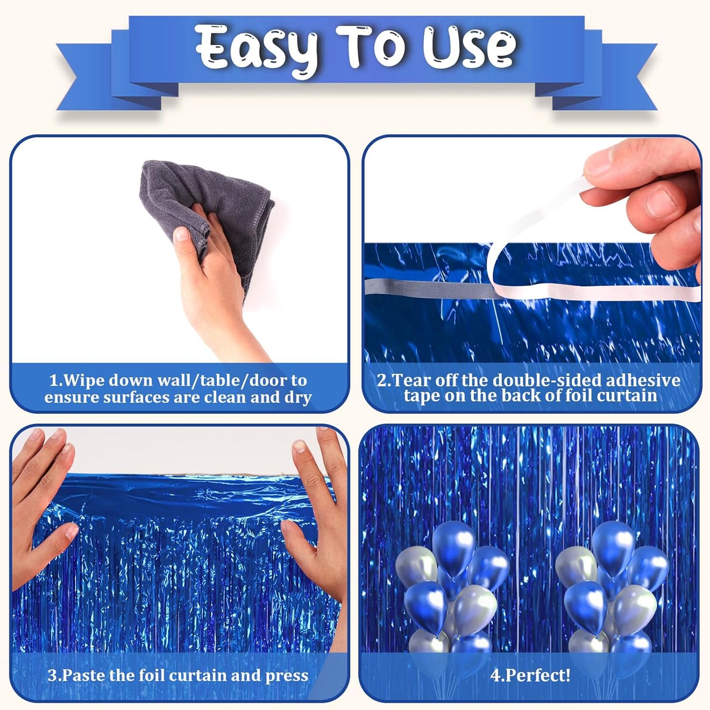 Voircoloria Blue Foil Fringe Backdrop Curtains - 3 Pack Tinsel Streamers for Parties & Events | 3.3x8.2 Feet