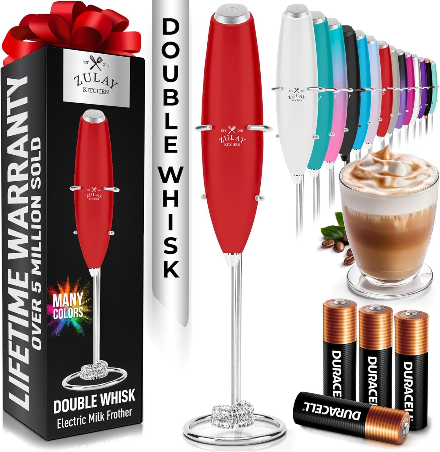 Zulay Kitchen Whisk Milk Frother - Powerful Handheld Foam Maker for Coffee & Lattes | Includes 4 Duracell Batteries