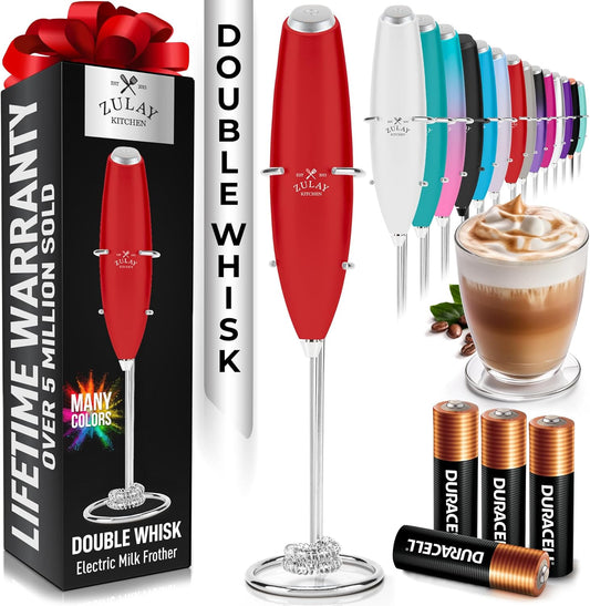 Zulay Kitchen Whisk Milk Frother - Powerful Handheld Foam Maker for Coffee & Lattes | Includes 4 Duracell Batteries