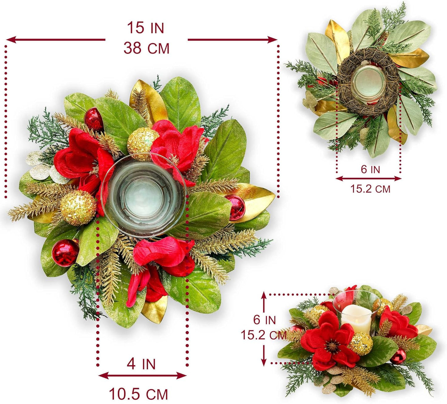 Regine Switzerland 18" Centerpiece - Flameless LED Candle Holder with Red Magnolia & Gold Baubles