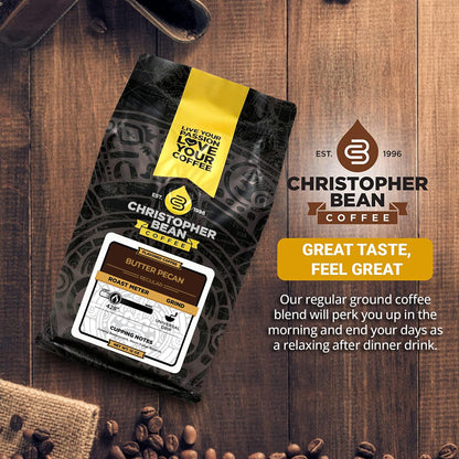 Christopher Bean Coffee - Butter Pecan Flavored Coffee, (Regular Ground) 100% Arabica, No Sugar, No Fats, Made with Non-GMO Flavorings, 12-Ounce Bag of Regular Ground Coffee