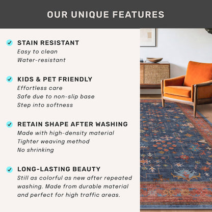 Washable 10 ft Long Runner for Hallway - Navy Blue Kitchen Floor Runner Rug, Pet Friendly Waterproof Non Slip with Rubber Backing, Stain Resistant Laundry Room Rug (3x10 Navy Blue & Terracotta)