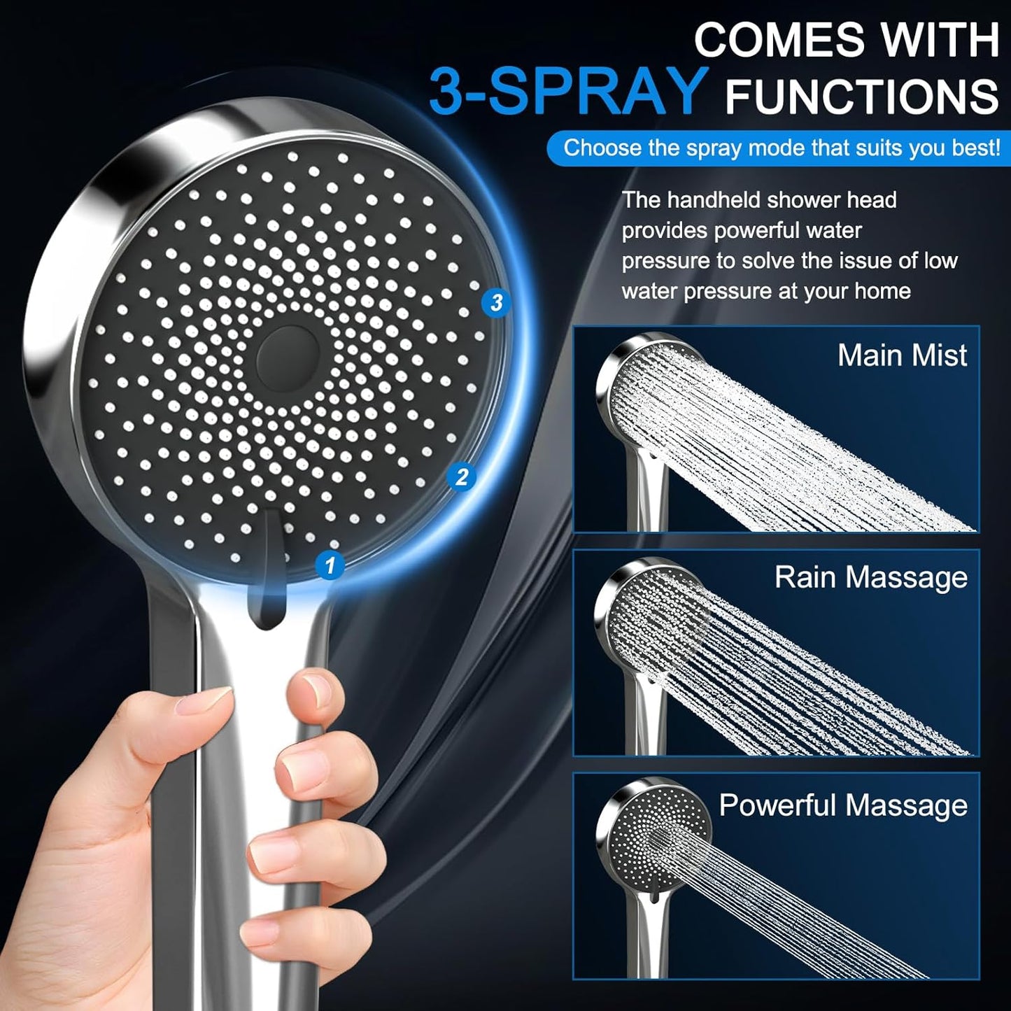 Regine Switzerland Rain Shower Head - 10 Inch High Pressure Dual Showerhead Set with Handheld Spray & Extension Arm | Silver