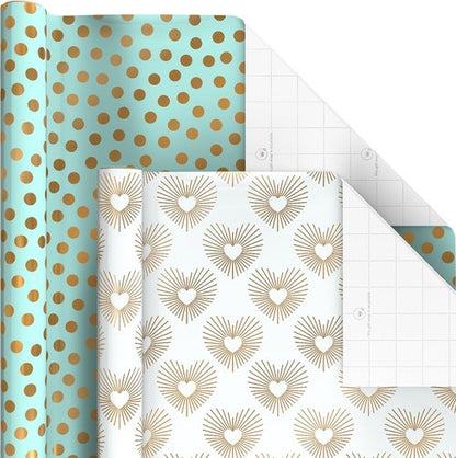 Hallmark Wrapping Paper - 6 Rolls of Elegant White & Silver Stripes, Mint Green, Gold Hearts & Flowers | 180 Sq. Ft. Total for Special Occasions