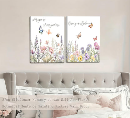 Skiennix Wildflower Nursery Canvas Wall Art - Inspirational Floral Paintings for Baby Room | 2-Piece Set