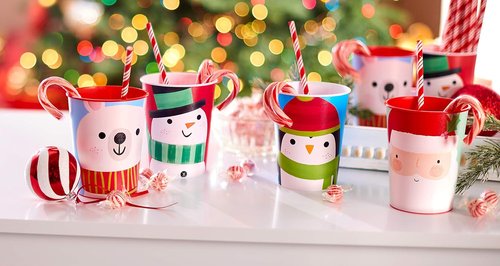 American Greetings 16 oz. Reusable Plastic Cups - Santa & Snowman Christmas Party Supplies (8-Count)