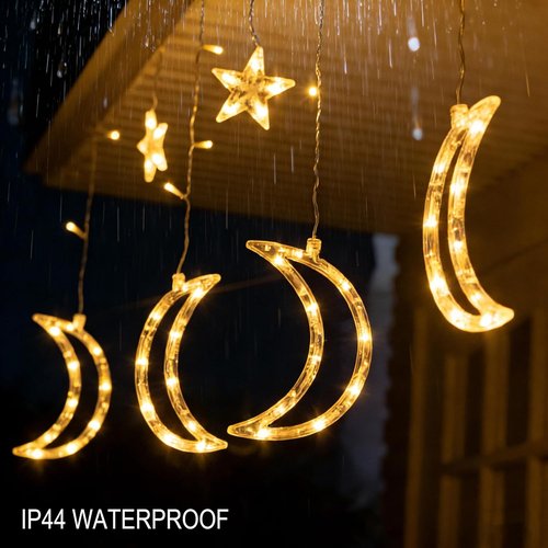 Dazzle Bright Ramadan Curtain String Lights - 138 LED Warm White Star & Moon Design | 8.2 FT Waterproof Decor